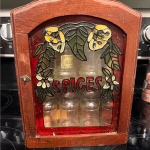 Vintage Wooden Spice Cabinet with Stained Glass